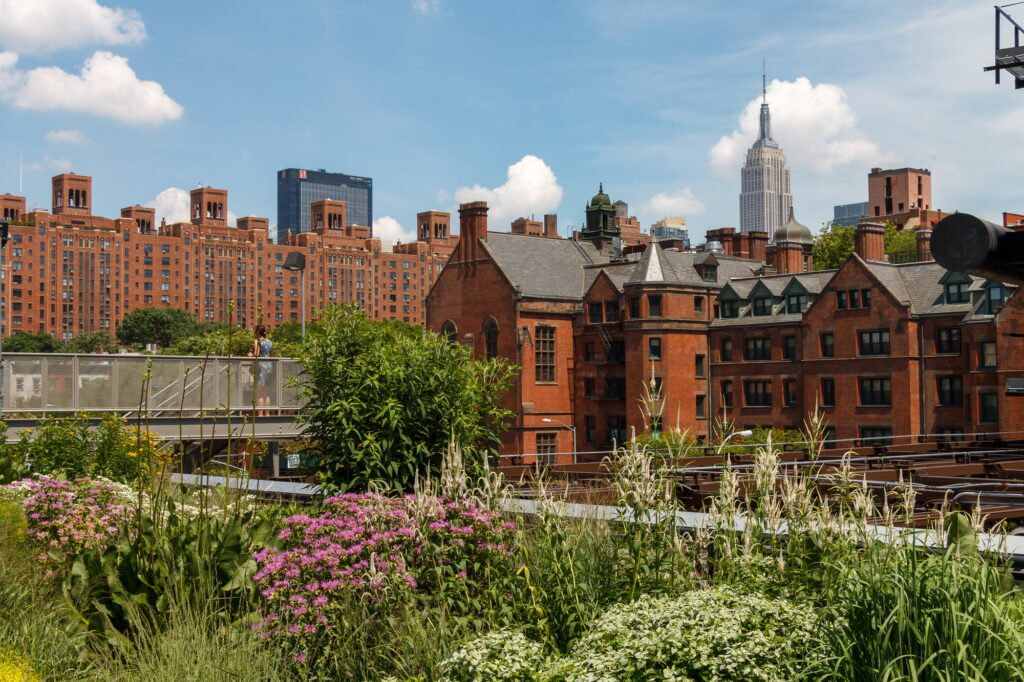 Enjoying the elevated linear High Line park in New York City with blooming flowers in Summer